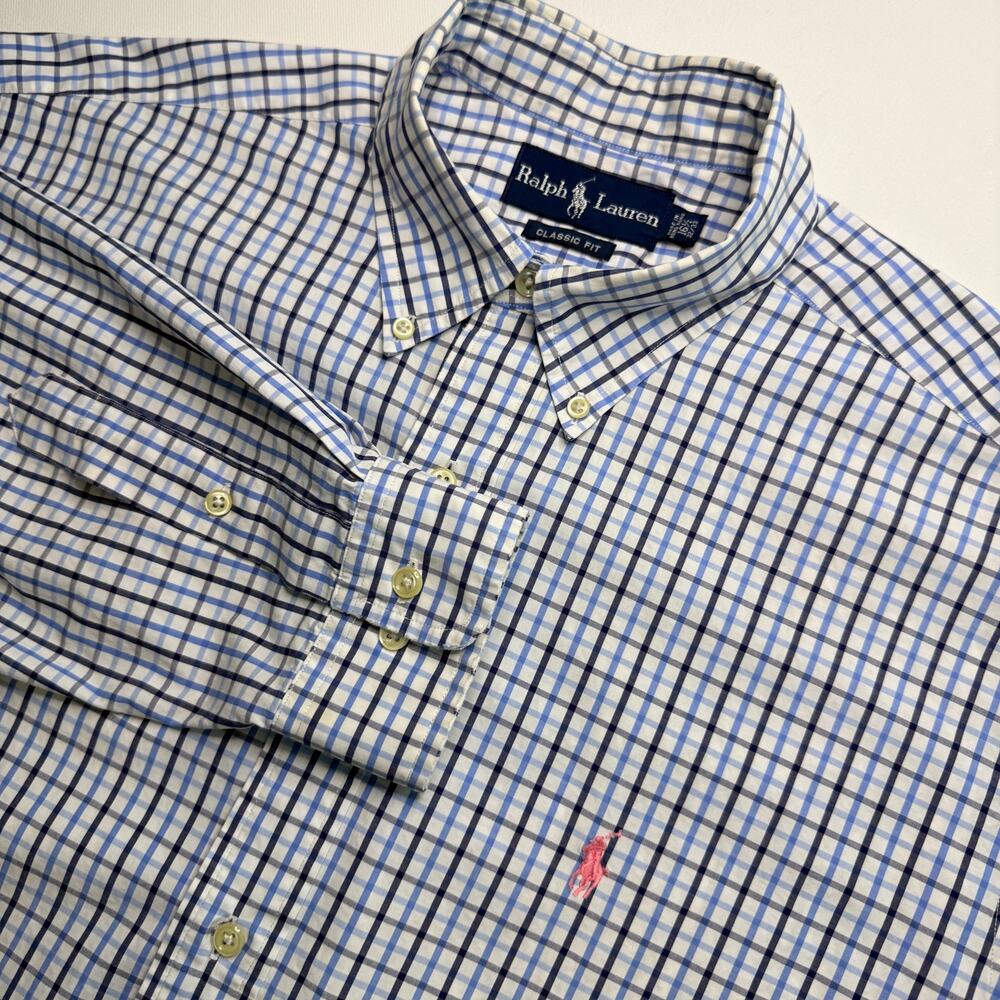 Polo Ralph Lauren Mens L 16.5 32/33 Classic Fit Blue Check Shirt Pink Pony